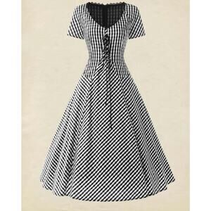 New! Linen Vibes Corset Midi Gingham S Dress Retro Vintage Inspired MSRP $128